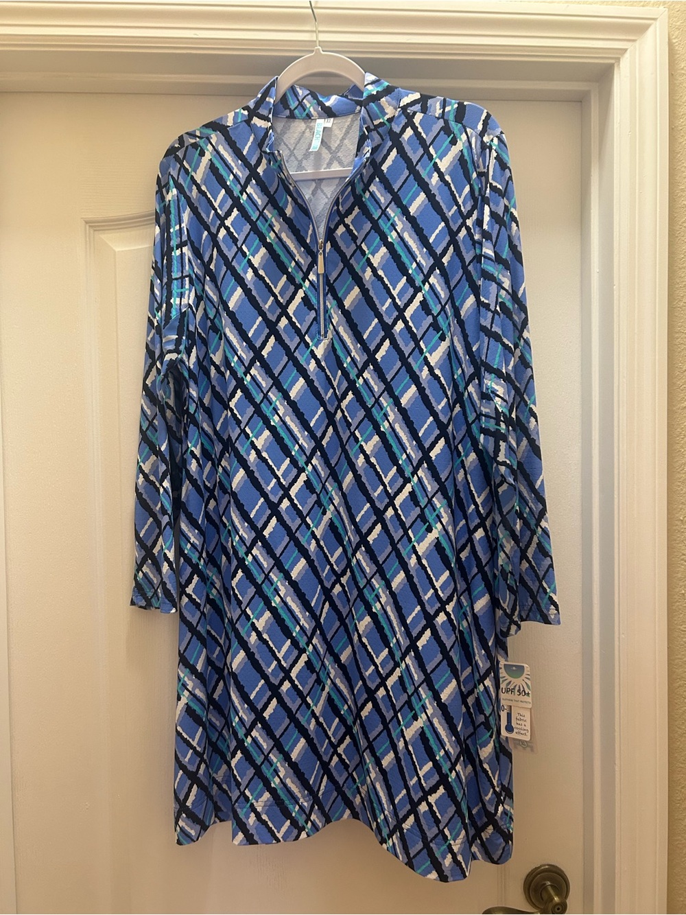 Beachtime by Lulu-B Blue Plaid Long Sleeve A-Line Dress